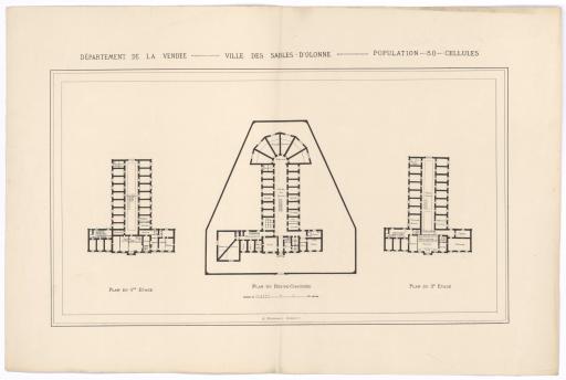 Population 50 cellules : plan du 1er étage, plan du rez-de-chaussée, plan du 2e étage de la prison / signé par : [Georges Loquet, architecte] ; gravé par A. Normand.